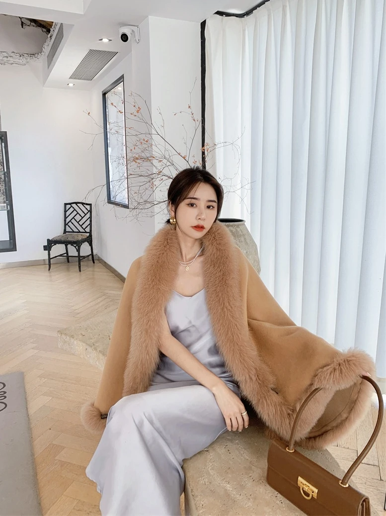 OFTBUY 2021 New Luxury Winter Jacket Women Ponchos Natural Real Fox Fur Collar Cashmere Wool Blends Coat Warm Fashion Outerwear
