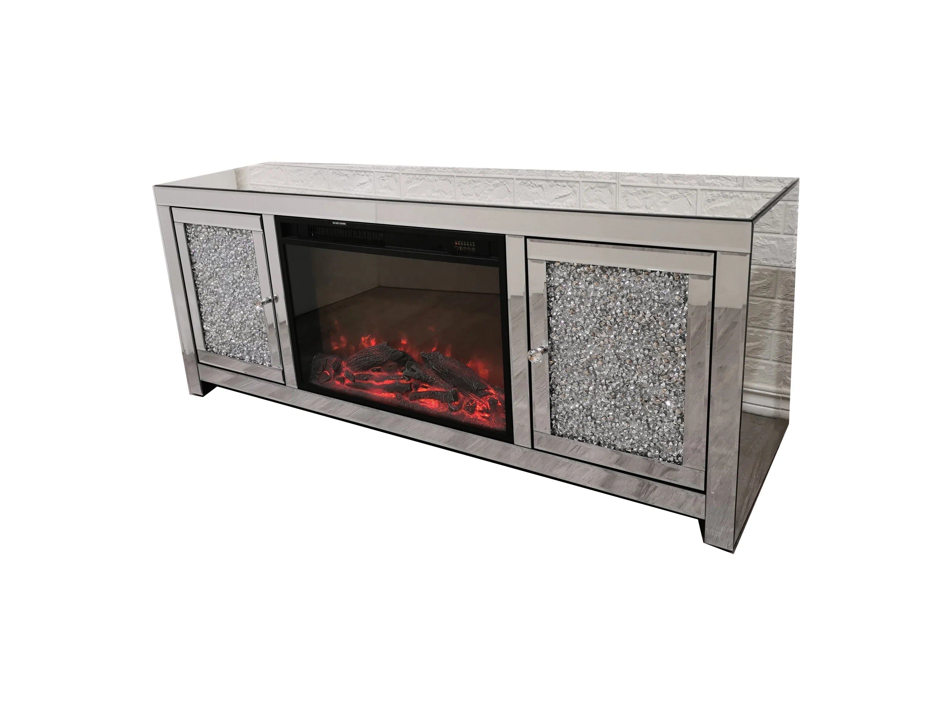 Rectangle crushed sparkly crystal mirrored TV unit stand cabinet with electric fire for sale
