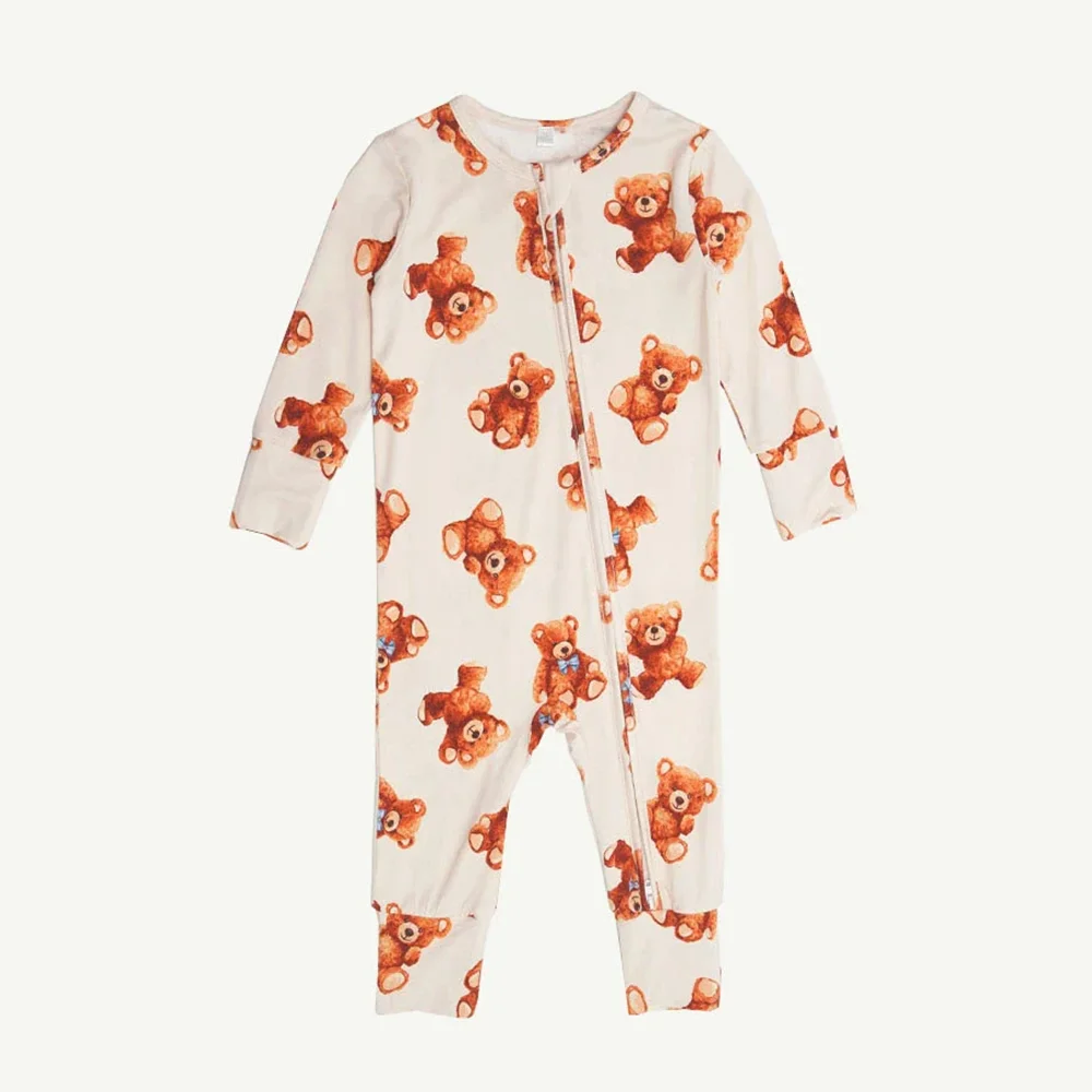Wholesale Bamboo Cotton Baby Rompers Long Sleeve Onesie Bear Print Zipper Closure Jumpsuit Pajamas Animal Pattern Baby Clothes