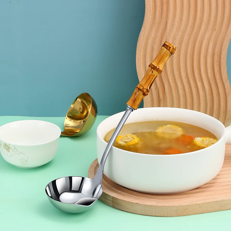 bamboo handle soup spoon stainless steel cooking oil water soup separator Spoon for soup