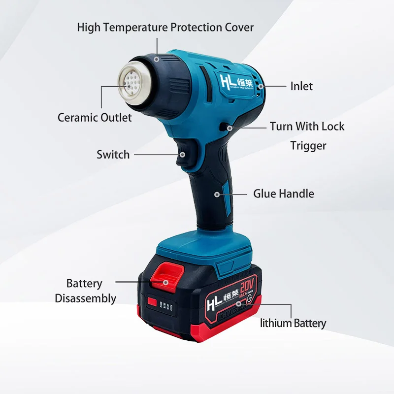 HENGLAI 2000W High Power Sealing Tools Wax Thermo Glue Gun Sticks Rechargeable Lithium Hot Air Cordless Heat s