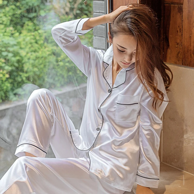 Women Silk Sleepwear High Quality Embroidery Blank Ruffle V-neck Ladies Pajamas