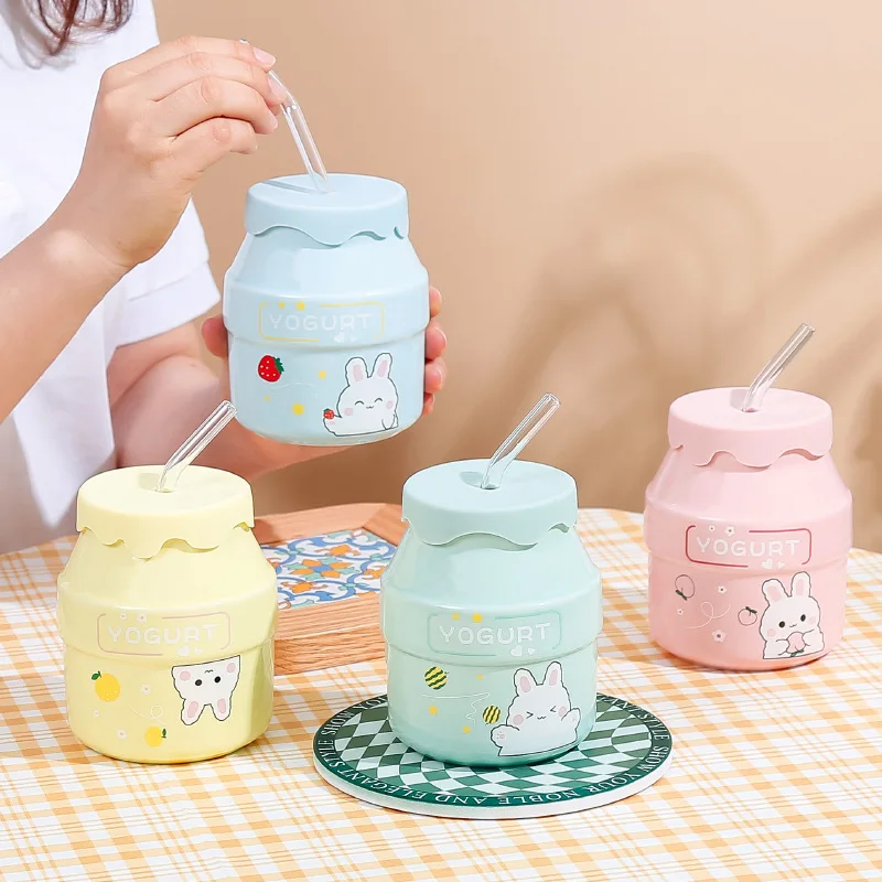 500ml custom lovely rabbit pink blue yellow green silicone cover ceramic coffee cup mug with glass straw