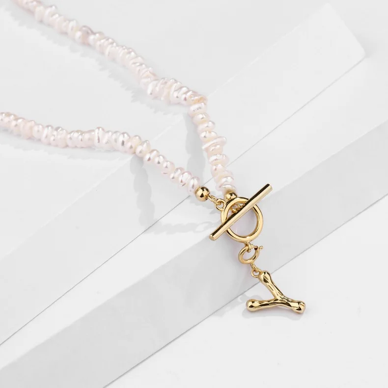 Wholesale Alphabet Baroque Pearl Necklace OT Buckle Clasp Initial Pendant S925 Sterling Silver Gold Plated A-Z Necklace
