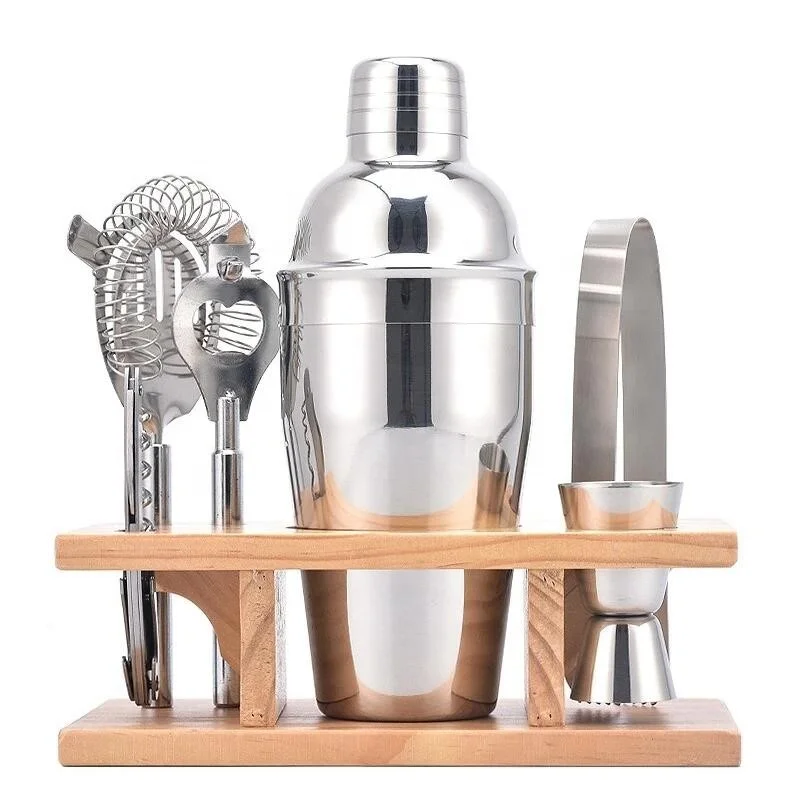 Wooden Stand 550Ml Stainless Steel Cocktail Bar Set Shaker
