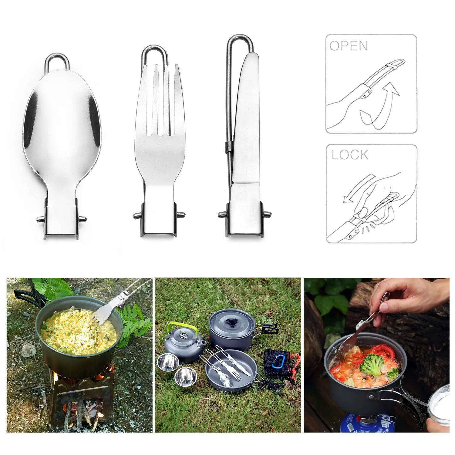 Pocket sized outdoor  folding collapsible cutlery setcamping portable stainless steel foldable flatware with chopsticks