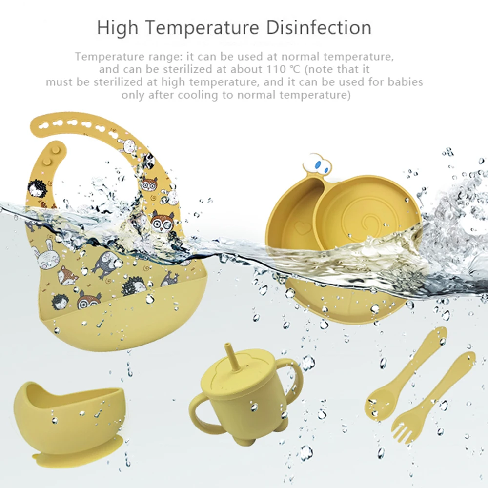 Silicone Feeding Set With Pattern Baby Bibs Snail Plate And Straw Cup For Baby Dining Tableware Set Waterproof Babero