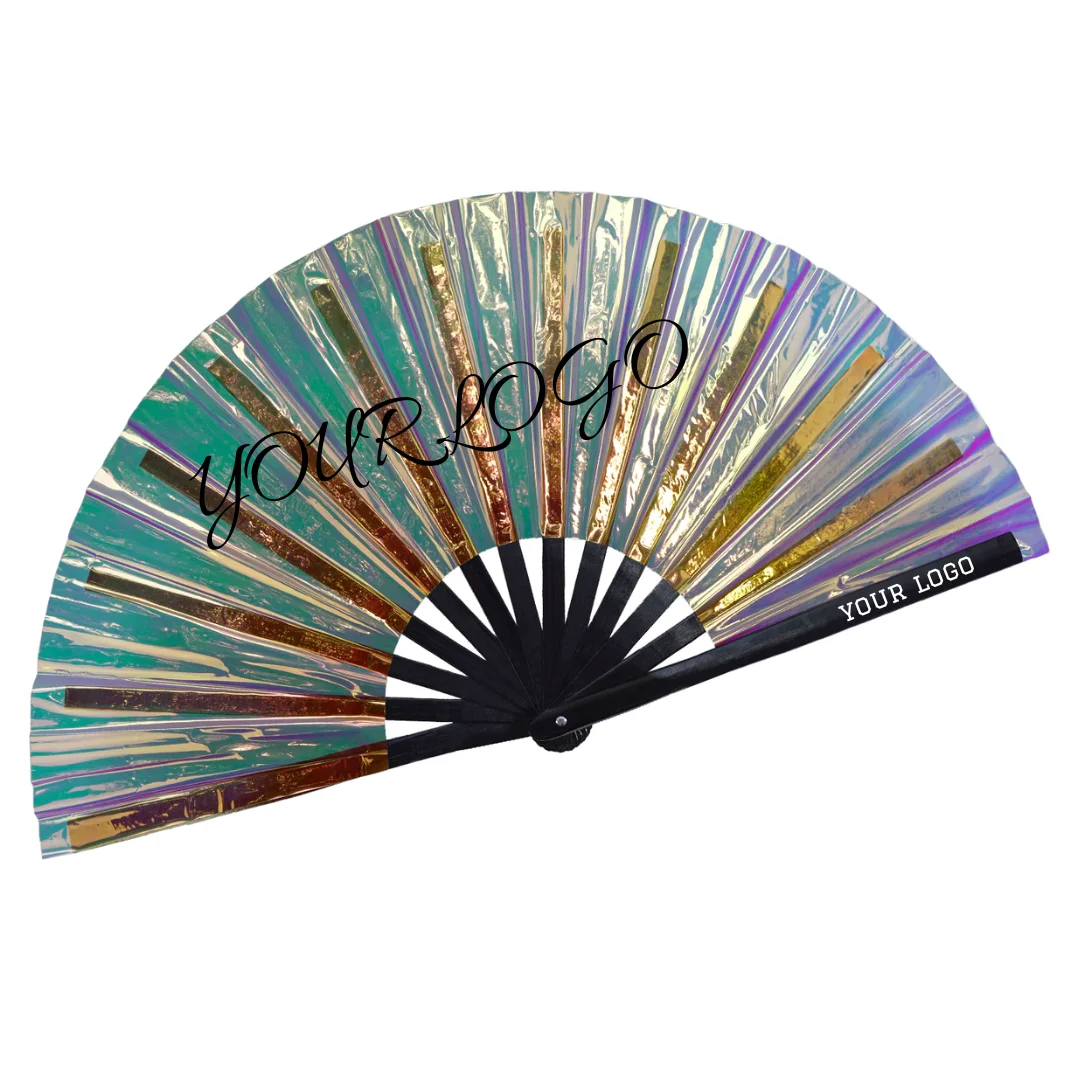 PVC Laser Rave Hand Fan Clack Handheld Fan for Party Large Folding Fan with Bright Color Festival