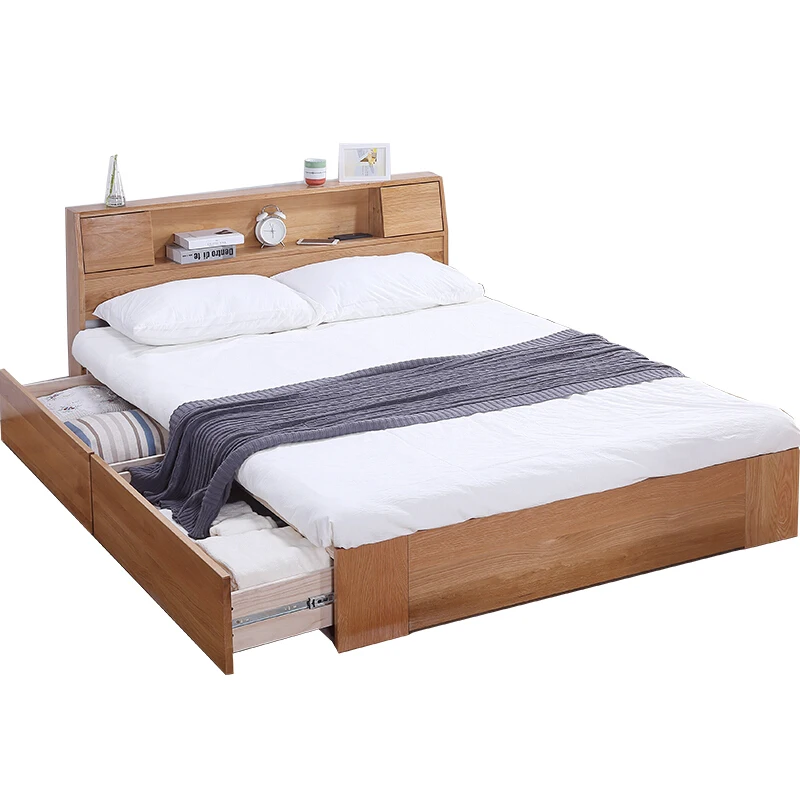 Japanese style solid wood bed master bedroom 1.8/1.5/1.2 m white oak storage box drawer Nordic tatami bed