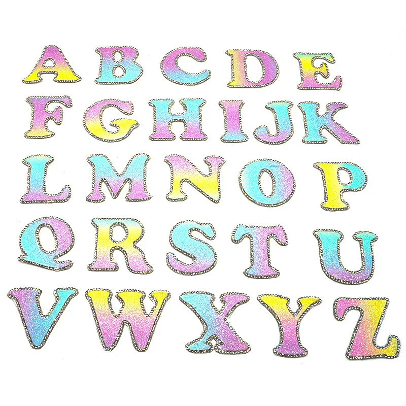 wholesale alphabet heart iron on embroidery custom logo bead pearl rhinestone glitter letter C hoodie towel chenille patches