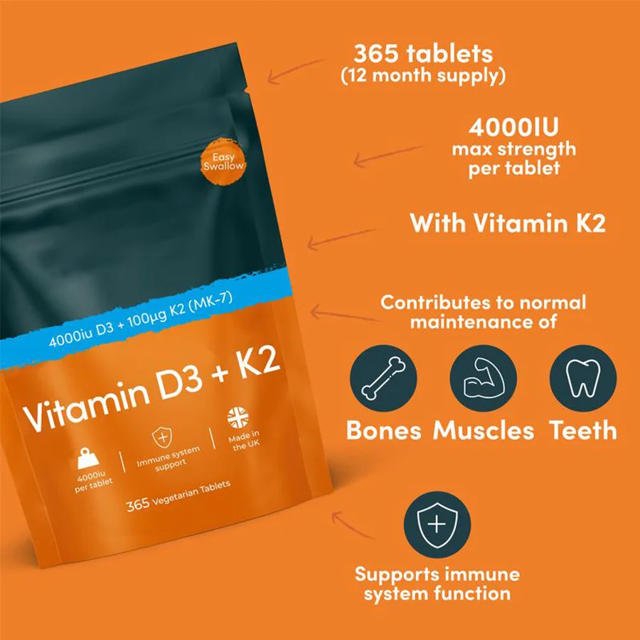 OEM/ODM Healthy Muscle Function and Anti aging beauty Immune Support Supplement Vitamin D3 + K2 Tablets