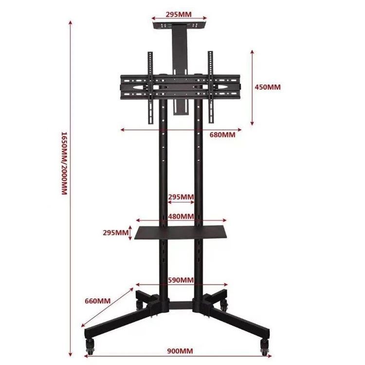 Регулируемая высота, передвижная тележка для телевизора, напольная стойка, Мобильная светодиодная тележка с ЖК-дисплеем с полкой и 4 колесами