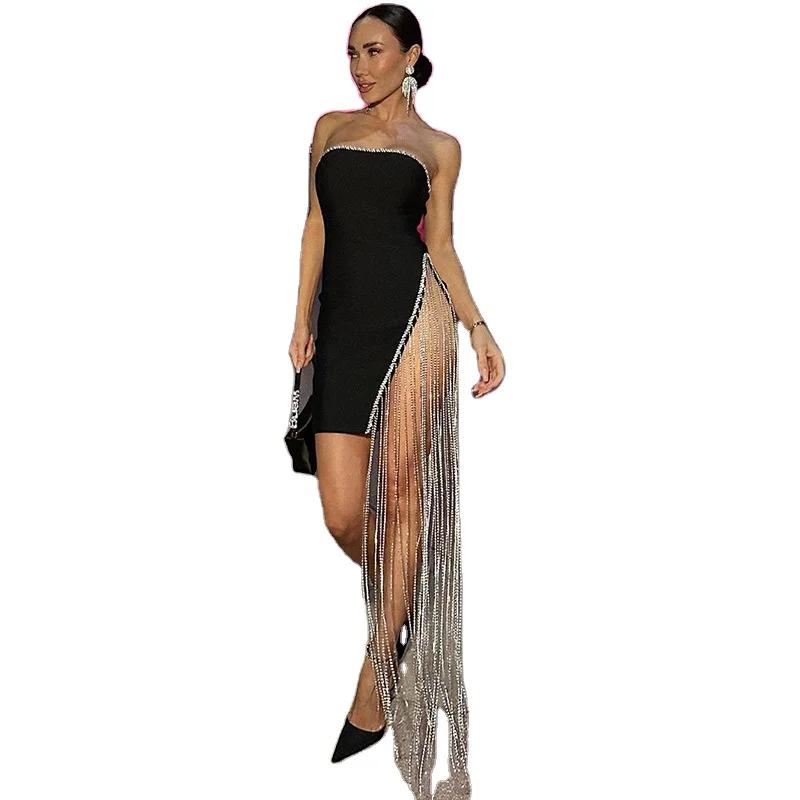 New solid color strapless dress splice fringe high slit dress