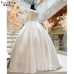 Luxury Wedding Dress Bridal Gown Embroidery Long Tail Satin Wedding Dress For Women Ruffle Short Sleeve Princess Wedding Dress