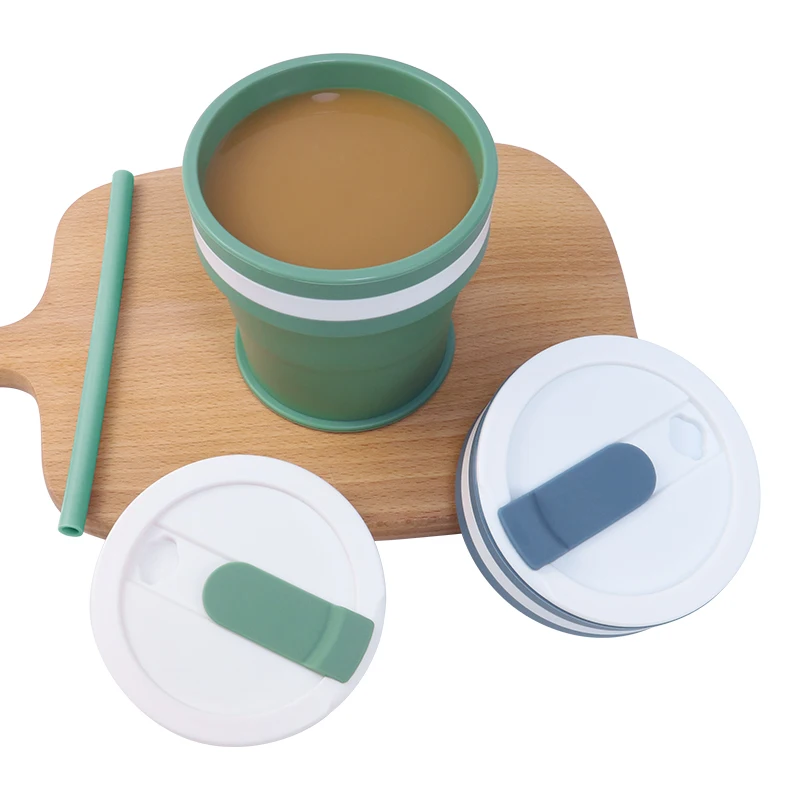 Custom 350ml Food Grade Silicone Mini Pocket Size Folding Silicon Camping Cup Foldable Mug Collapsible Coffee Mug Cup with Straw