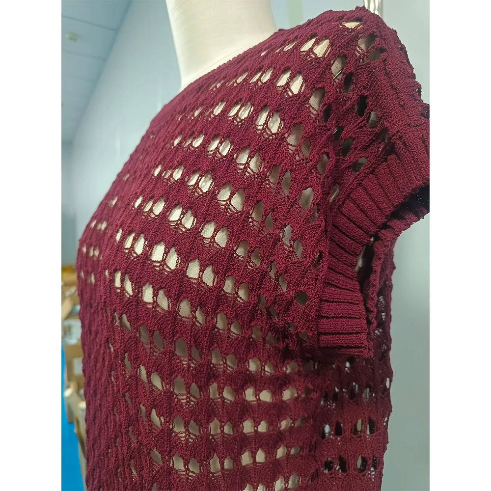 Knitwear Manufacturer Ladies Acrylic Nylon Short Sleeve Pullover Summer Mesh Short Sleeve Openwork Knit Women Top Sweater