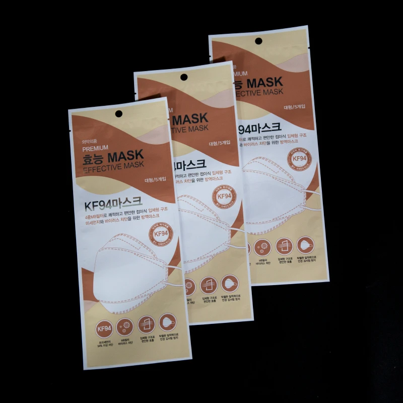 
three sealed side disposable packaging mylar bag for KF94 effective mask with a hang hole 