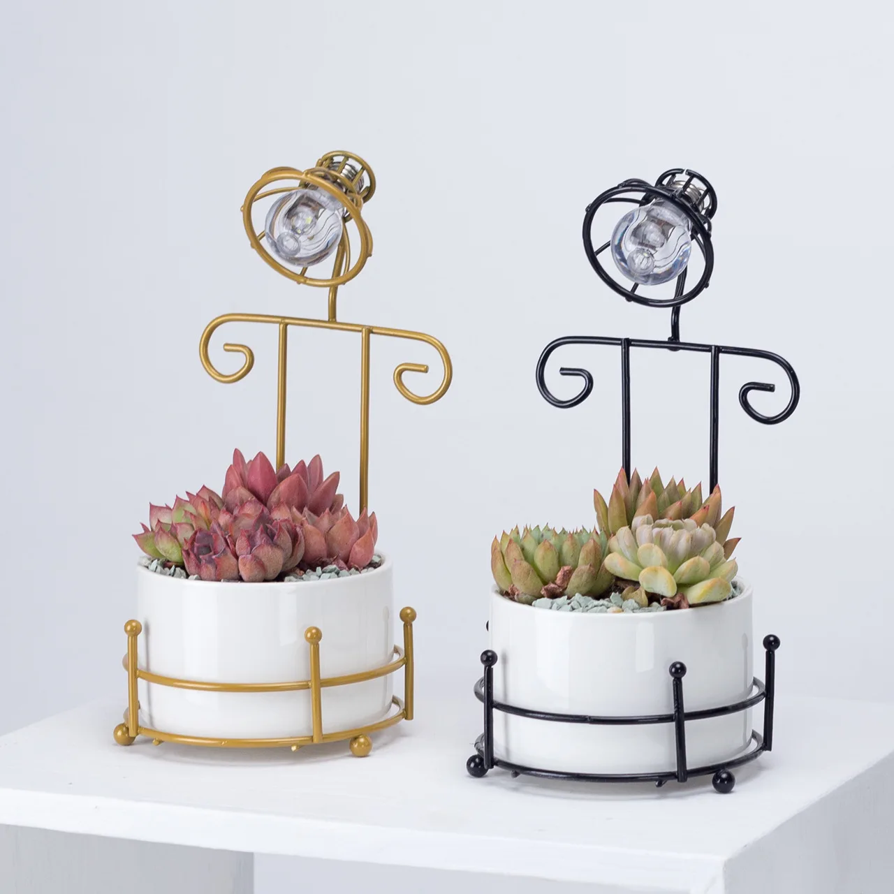 
Creative bulb decorative table lamp shape ceramic succulent flowerpot set with iron frame pottery plant pot planter 