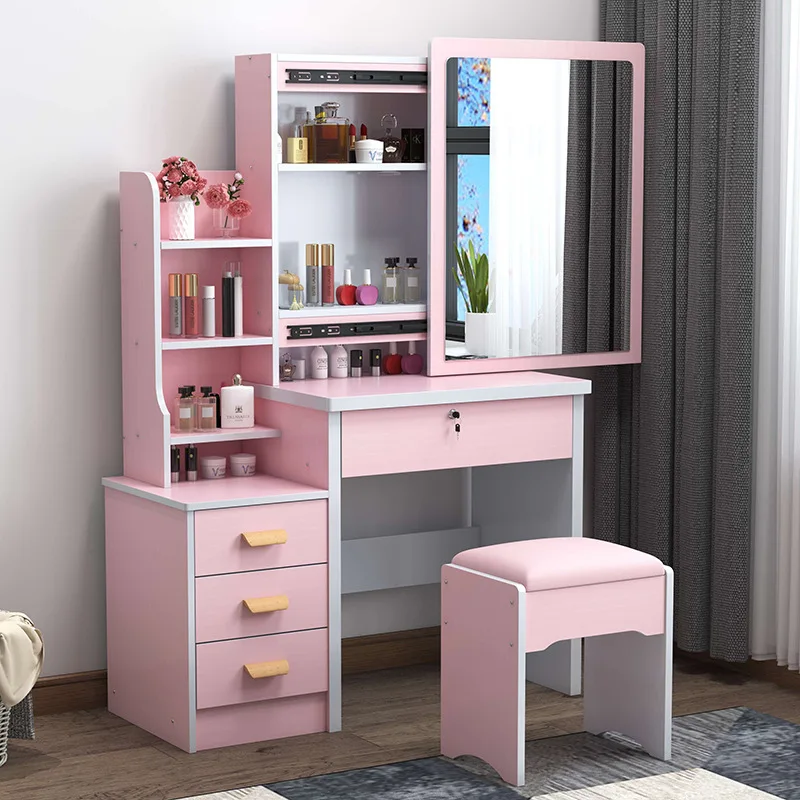 Bedroom Furniture Ladies Makeup Table Luxury 4 Drawer Dressing Table White Hotel Furniture With Mirror And Soft Chair Vanity Set