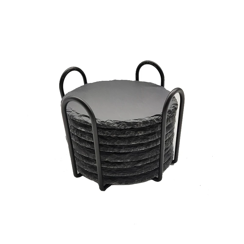Direct Manufacturer Natural Slate Round Coaster With Metal Holder Slate Coasters Set