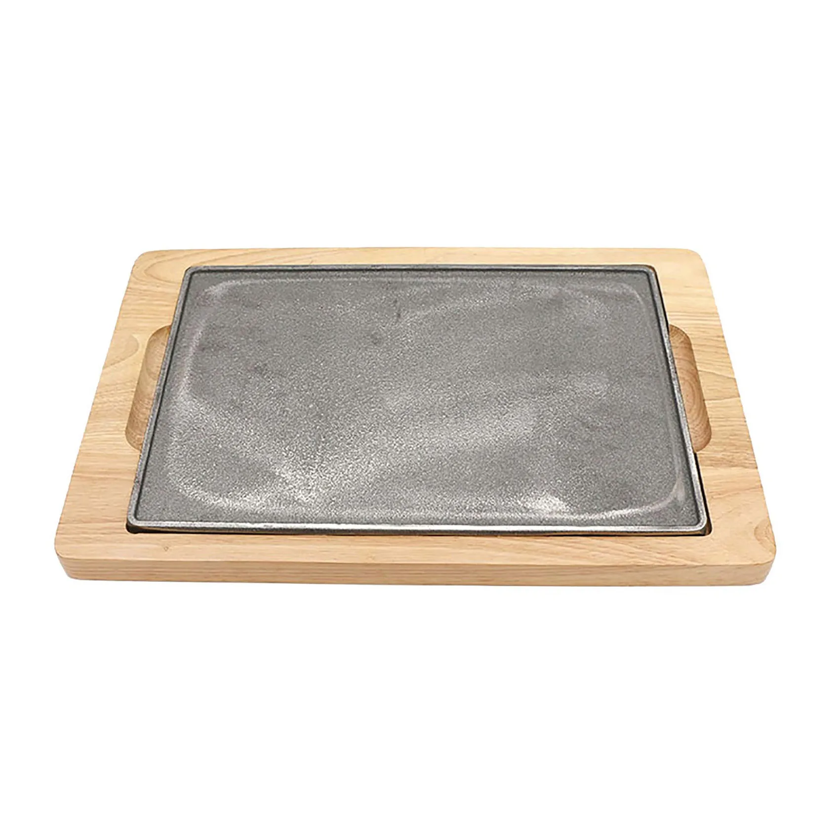 Teppanyaki Plate with Wooden Base Large Cast Iron Steak Plate Household Use Grill Cooking Platter Steak Pan Grill Server Plate
