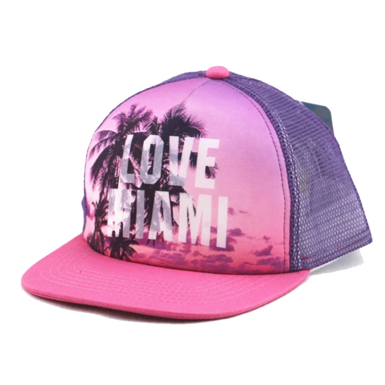 Custom 5 panel landscape print logo design polyester fishnet hat cap with visor