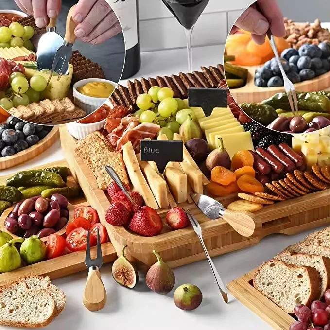 Simple Bamboo Cheese and Meat Board with Cutting Knives Drawer for Serving Charcuterie Board and Utensils Tray