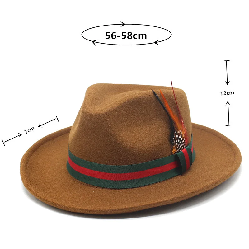 Wholesale  New Trendy Green Red Stripe Ribbon Feather Short Brim Fedora Hats for Men Fit Fashion Suits