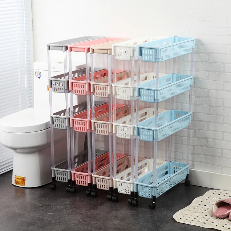 
kitchen bathroom movable plastic storage racks 4-tier corner shelf with wheels 