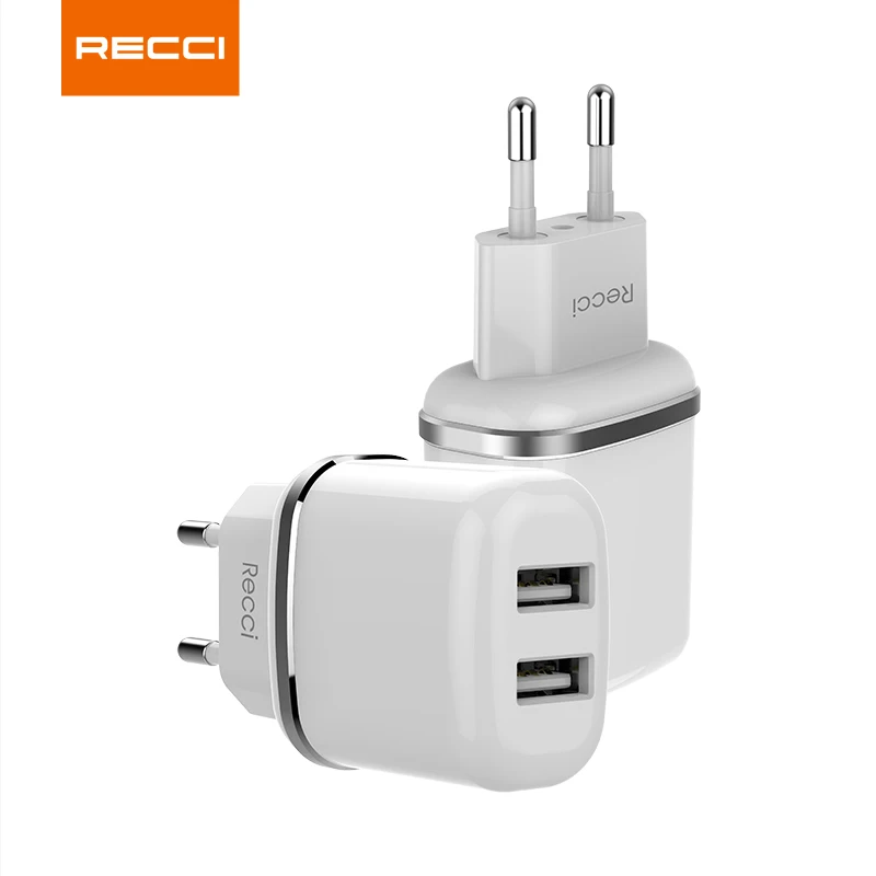 Recci High quality portable EU plug 5V2.4A Dual port  travel charger wall charger USB home adapter for iPhone mobile phone