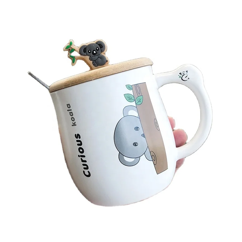 450ML cute cartoon koala ceramic mug creative animal coffee mug with spoon couple mug wooden lid milk breakfast cup