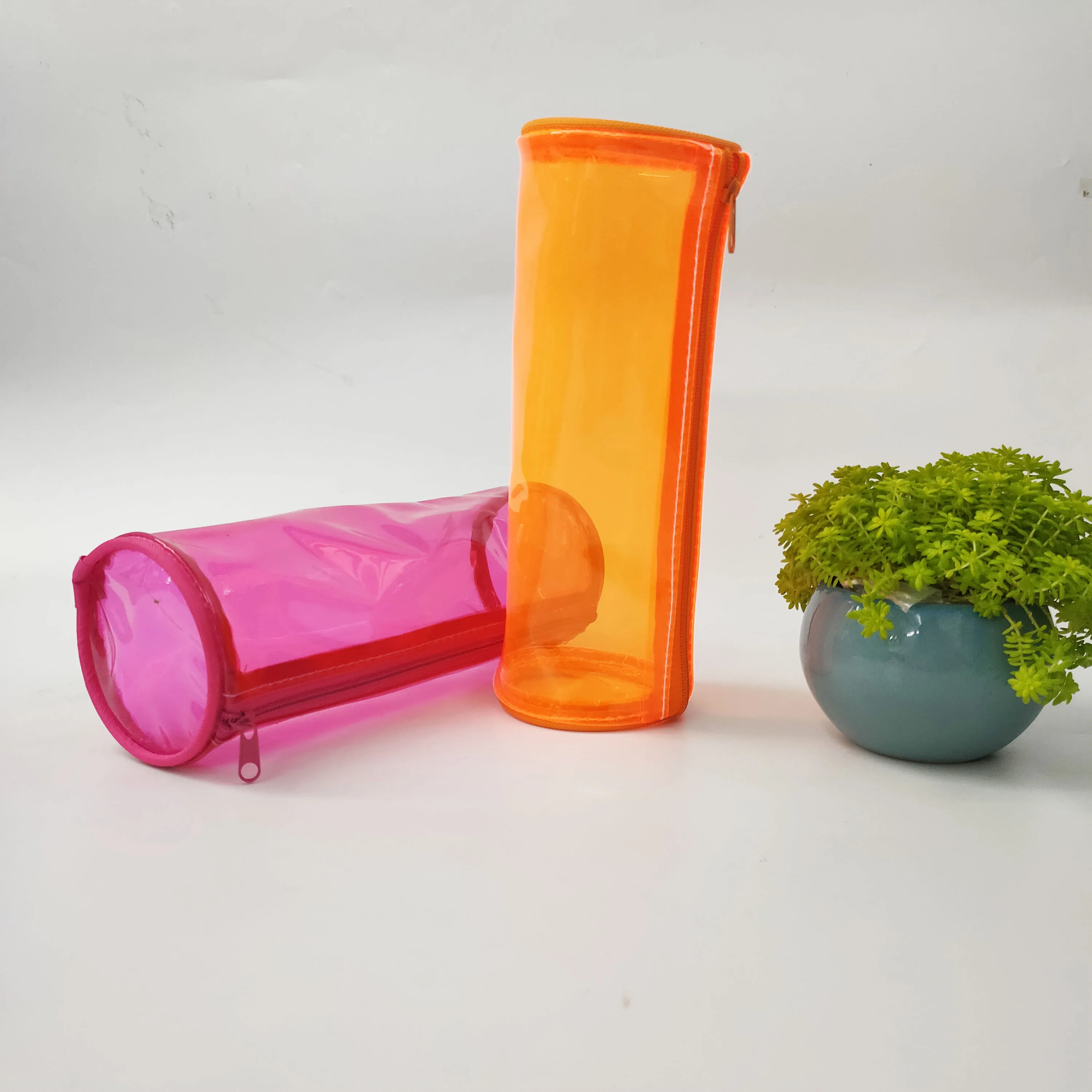 Cylinder Shape Waterproof Clear Candy Color Stationery Pencil PVC Pen Pouch Box Zipper Pencil PVC case