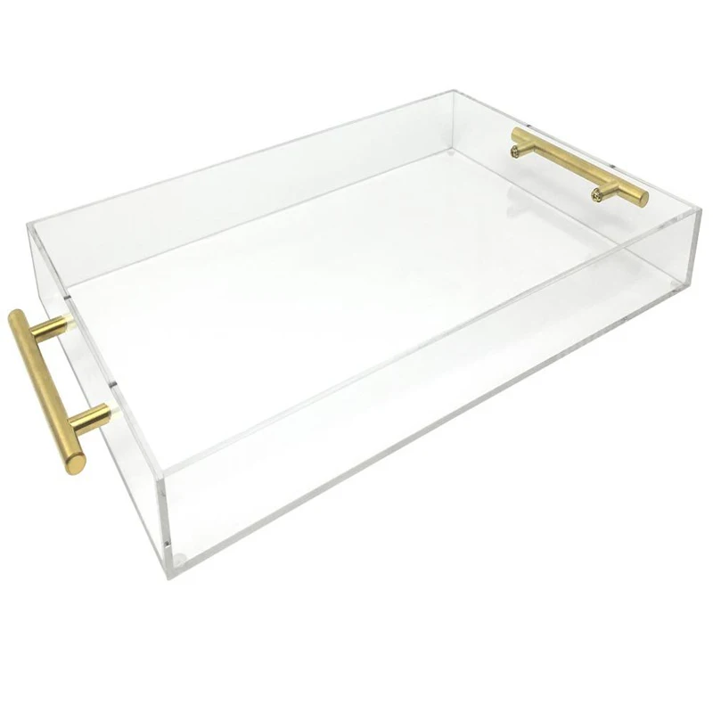 Customize Size Logo Clear Rectangular Acrylic Serving  Tray With Gold Handles