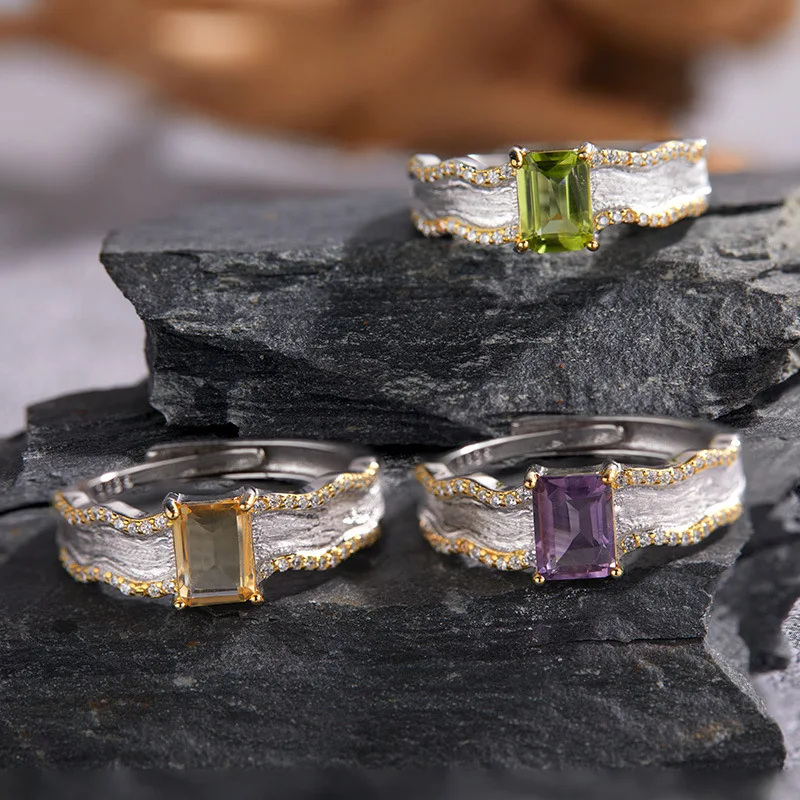 Fine 925 Sterling Silver Women Texture Frosted Open Ring Natural Peridot Amethyst Citrine Colored Retro Gemstone Ring  for Party