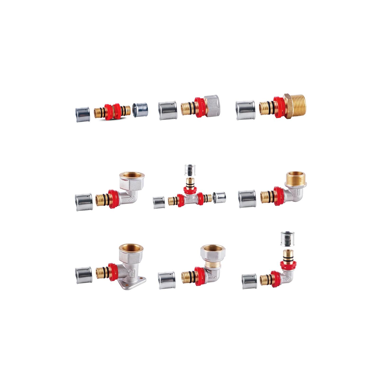 High quality durable forged brass tee fittings for multilayer pipes Nickel-plated for corrosion resistance Customizable