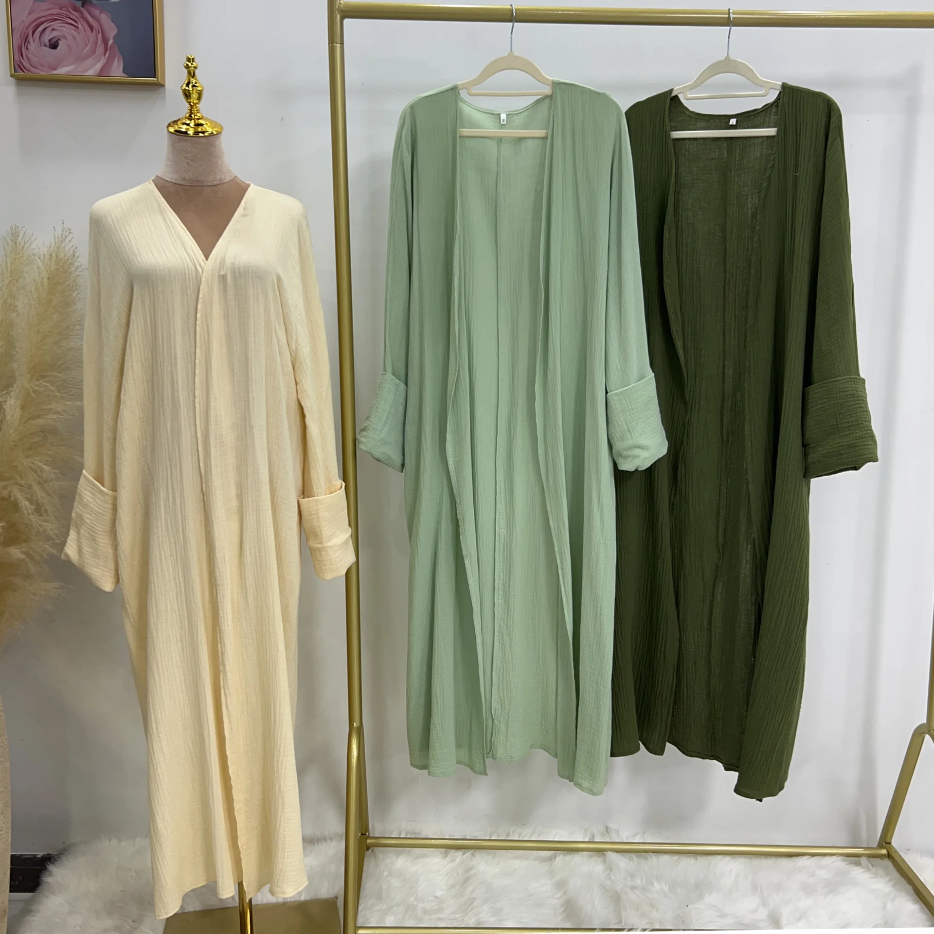 Custom embroidered moon sleeve linen open abaya Islamic clothing women EID linen moon abaya kimono