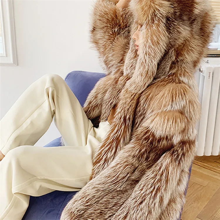 Elegant Temperament Ladies Mid Length High Quality Silver Fox Fur Coat Hooded Plus Size Ladies Jacket