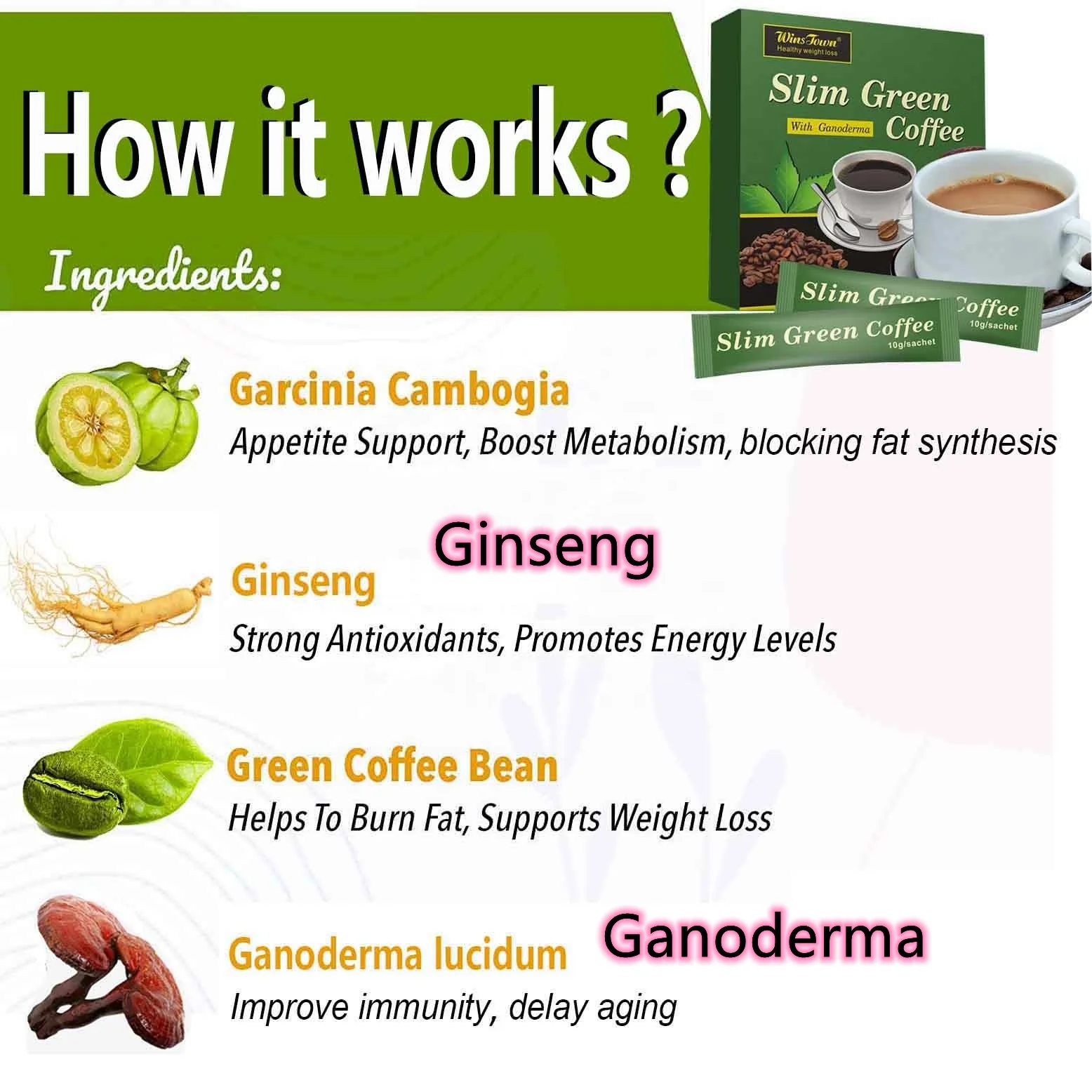 Wholesale WinsTown slim green coffee natural herbs diet private label weight loss instant Ganoderma coffee