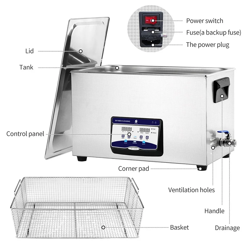 Skymen 30L Auto Car Parts Laboratory Equipment Chemical Industrial Ultrasonic Cleaner with Degas Cleaning Machine