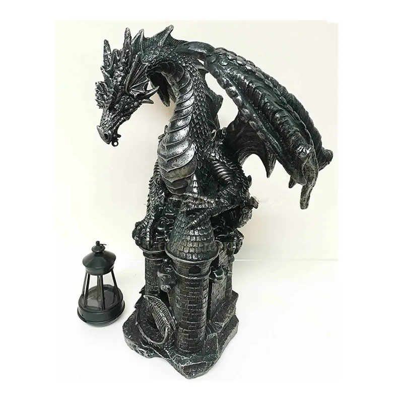 Polyresin fiberglass Dark Beacon Dragon Guardian of Styx Castle Gate Statue with Solar LED Light