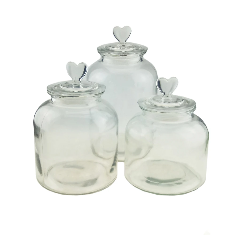 
Hermetic food grade glass storage jars with glass heart shape lids 