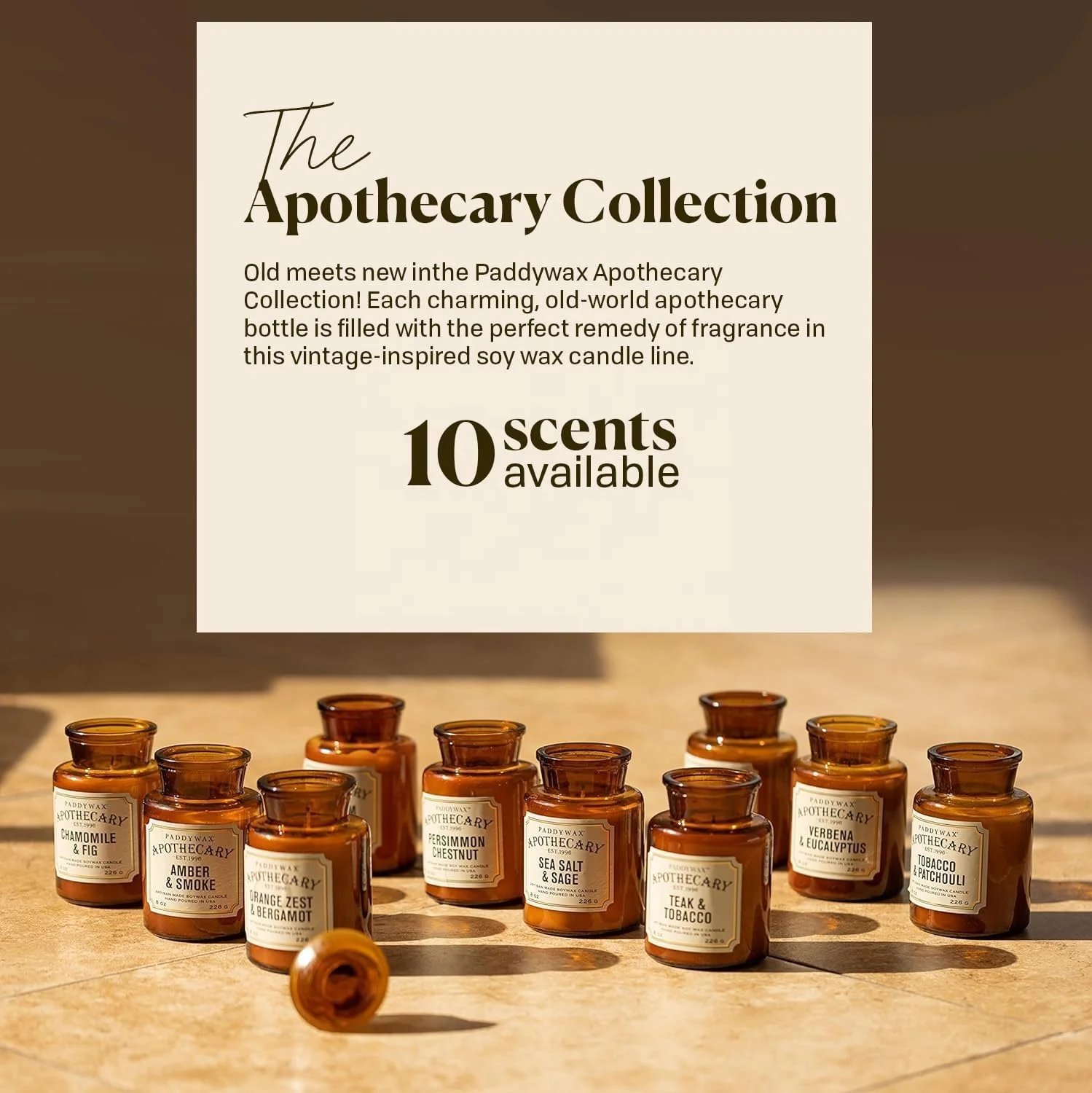 Hot selling Soy wax Scented Candles 8-Ounce Tobacco & Patchouli Old-world inspired apothecary bottles in amber glass