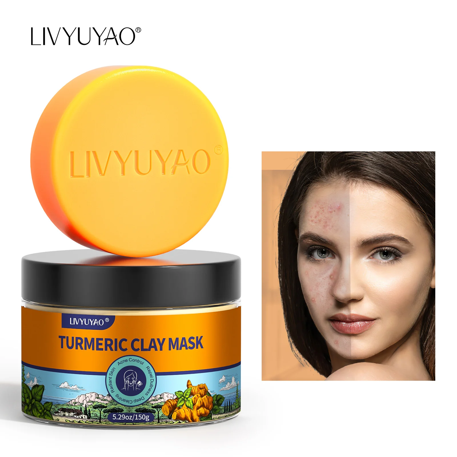 Tumeric Mask Facial Cleansing Blackhead Removal Organic Bentonite Mud Anti Acne Skincare Brighten Beauty Turmeric Clay Face Mask