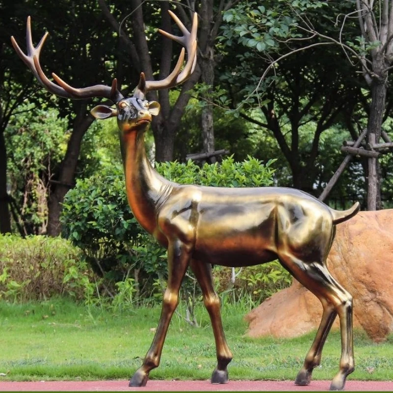 Life Size Cast Bronze Golden Standing Posture  Looking Back  Buck Brass Bronze Deer Male Deer Statue Animal Sculpture