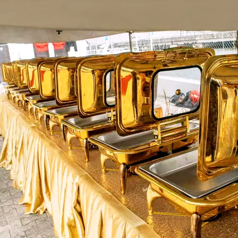 Hydraulic Roll Top Chaffing Buffet Server Food Warmer Stainless Steel Food Warmer 9L Rectangular Golden Chafing Dish