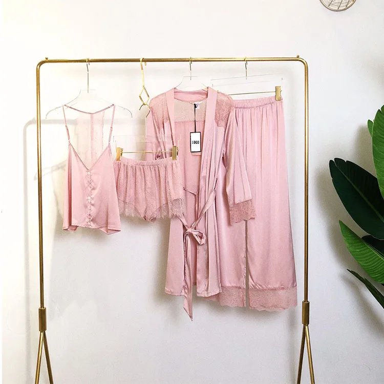wholesale custom pink sexy long mulberry silk satin robe grow and pajamas set for women in bulk