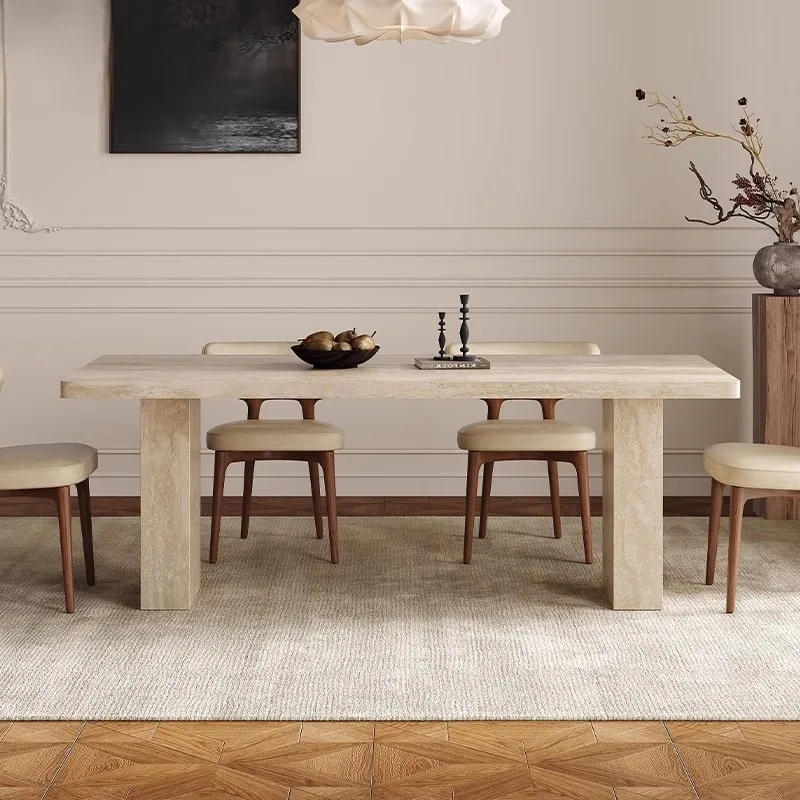 Natural Beige Travertine Dining Table Stone Furniture Rectangle Stone Table Top Marble Concrete Table