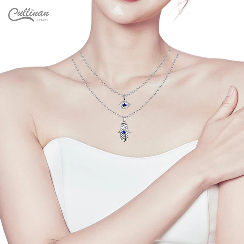 High Quality 2021 New Design 925 Sterling Silver Blue Sapphire Zircon Stone Hamsa Hand Evil Eye Layered Necklace