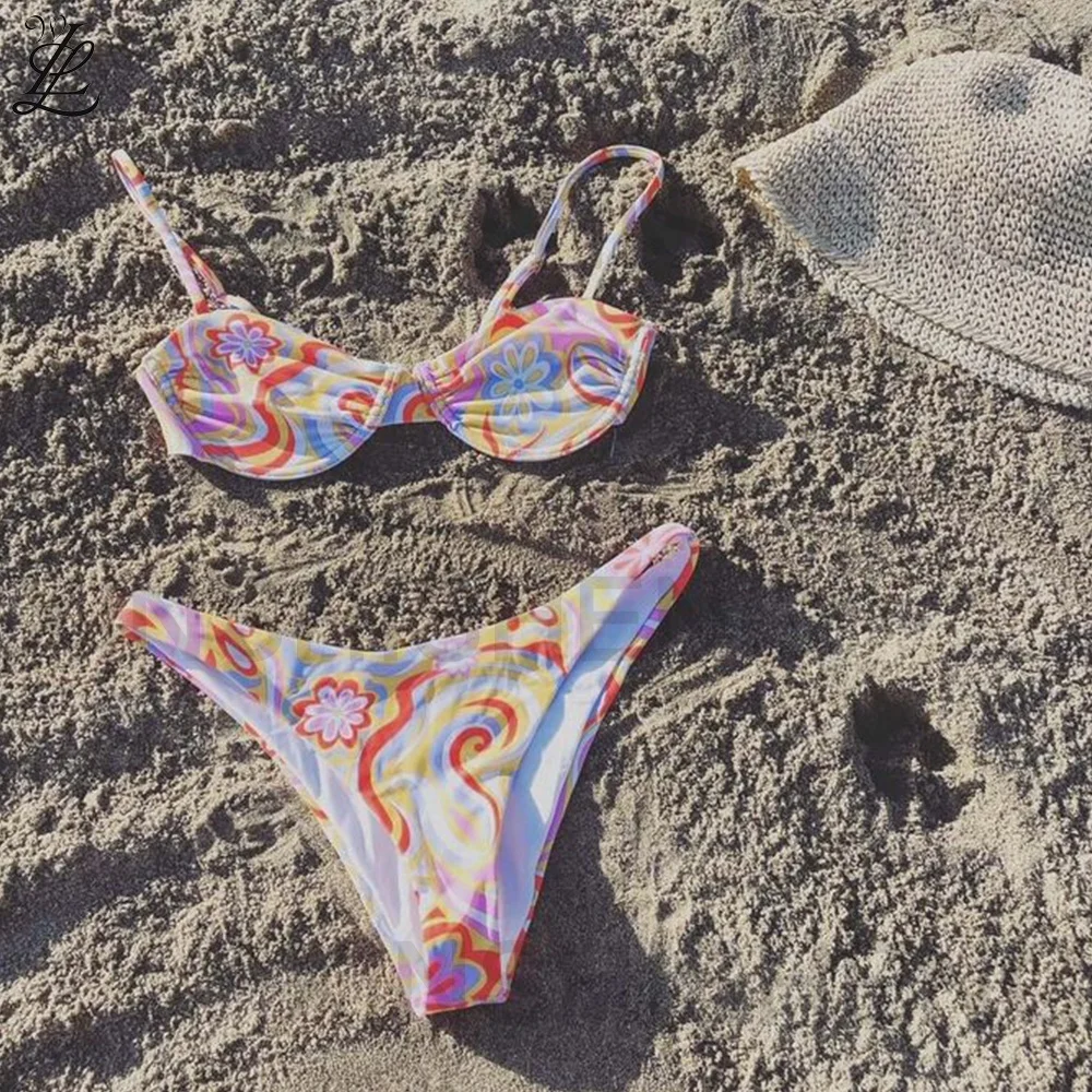 2024 Custom Logo Swimwear Beach Halter String Backless Split Body Swimsuit Micro Sexy Custom  Flower Printing Bikini For Women