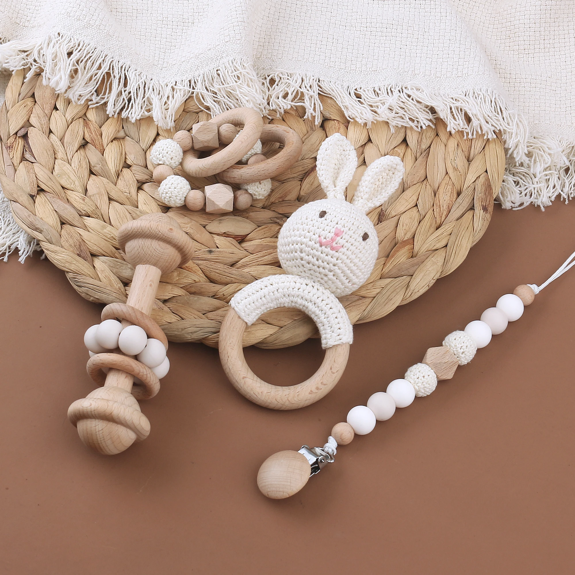 Custom  Bunny Teething Rattle Toys 4Pcs Set Baby Bathing  Newborn Baby Gift Set